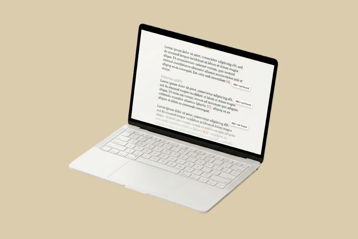 Laptop showing AI-generated text with citations marked '404 / not found'