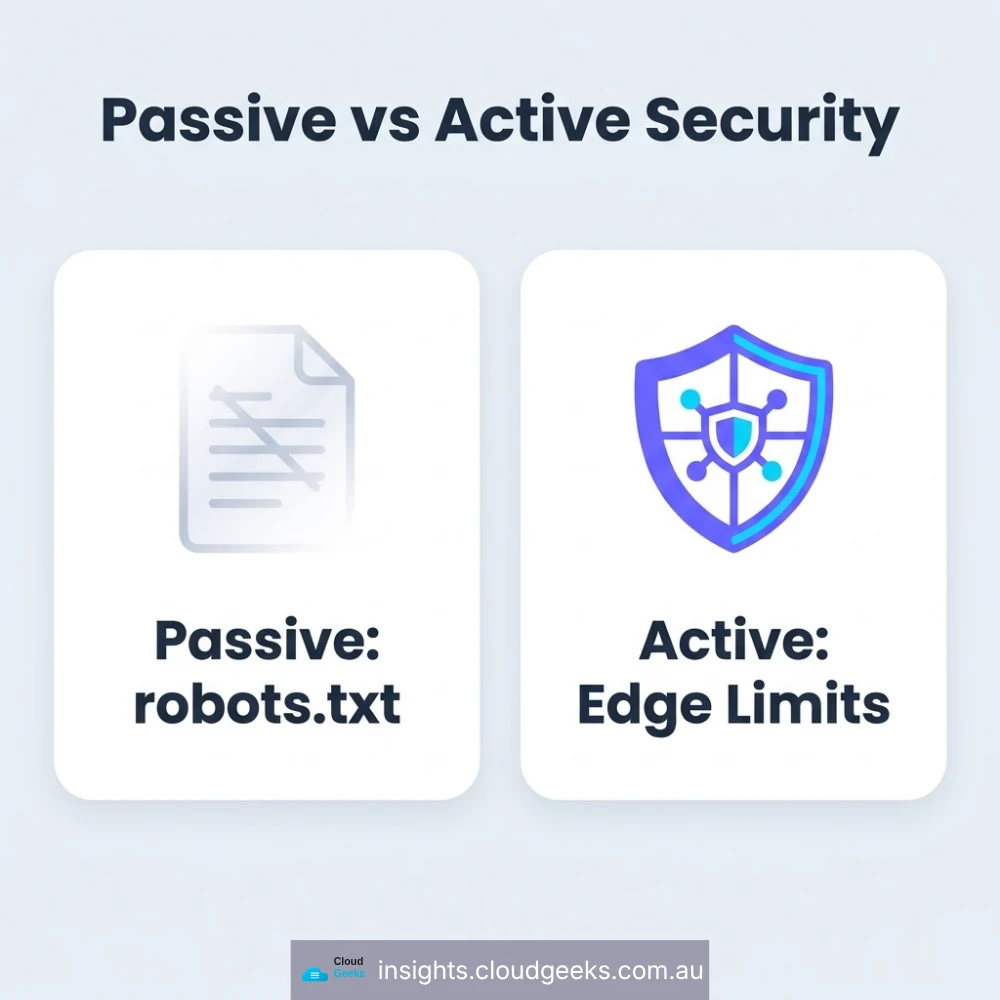 Passive versus active security: robots.txt asks, edge limits enforce