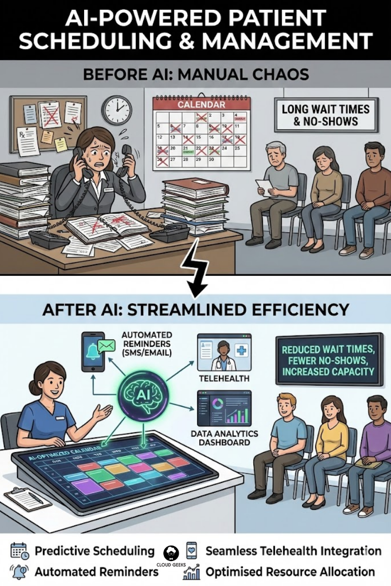 AI scheduling dashboard displaying predictive appointment optimization, patient behavior patterns predicting no-show likelihood, automated SMS reminders in multiple languages, and real-time availability management across multiple practitioners and locations