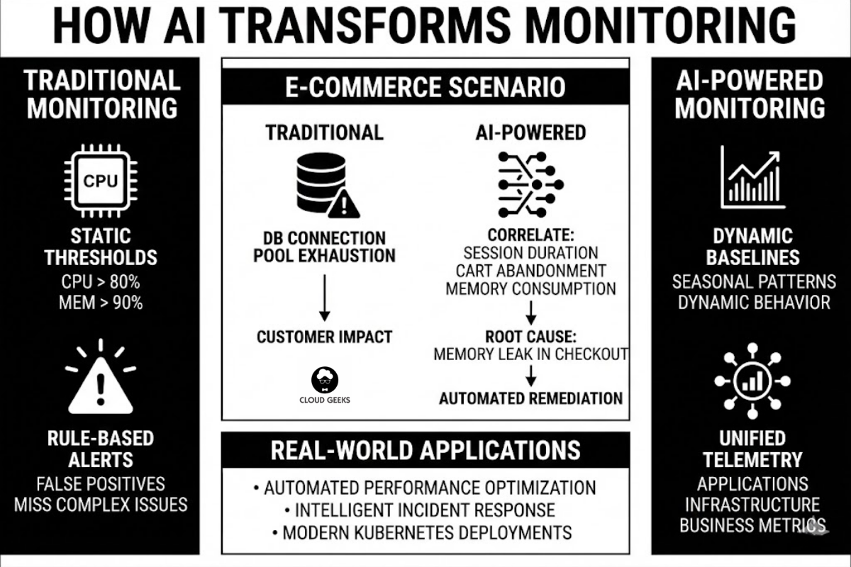 Comparison showing traditional monitoring with static thresholds generating alert storms versus AI monitoring with dynamic baselines, context-aware analysis, root cause identification across distributed systems, and intelligent correlation of symptoms to underlying issues