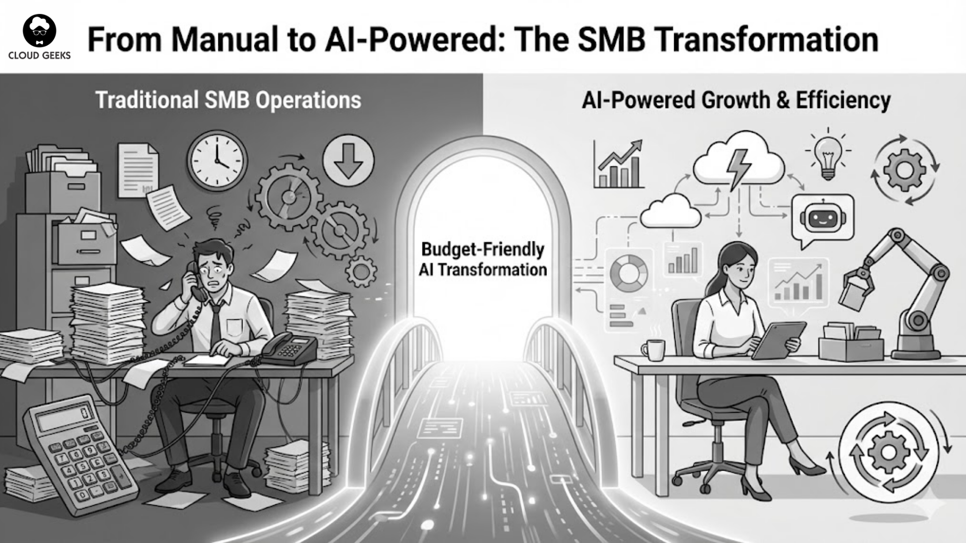 Infographic showing transition from manual business operations to AI-powered workflows including customer service chatbots, automated content creation, and data analysis tools with cost comparisons for Australian SMBs