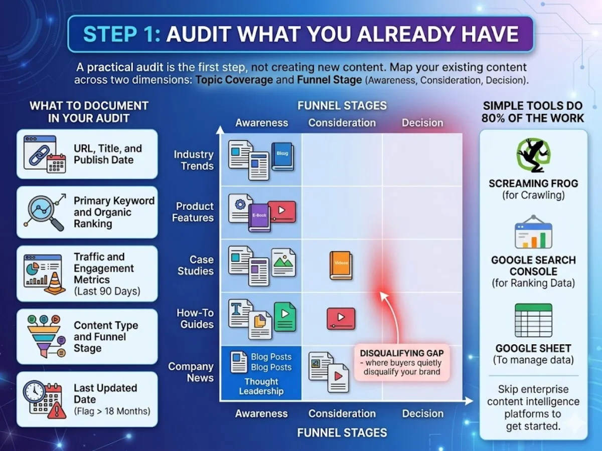 Step 1: Audit what you already have — fields to document, funnel-stage matrix, and tools to use