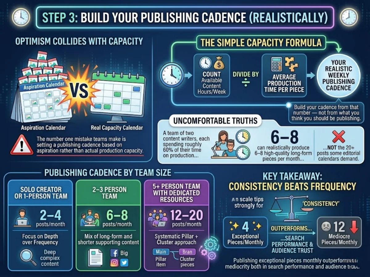 Step 3: Build your publishing cadence — capacity formula, uncomfortable truths, and cadence by team size