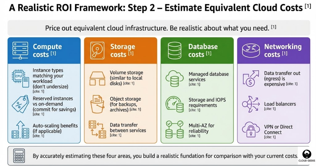 AWS pricing table showing equivalent cloud infrastructure costs including EC2 reserved instances, RDS SQL Server database, EBS storage, S3 object storage, data transfer egress fees, load balancer, Direct Connect networking, CloudWatch monitoring, backup storage and business tier support with monthly and annual costs