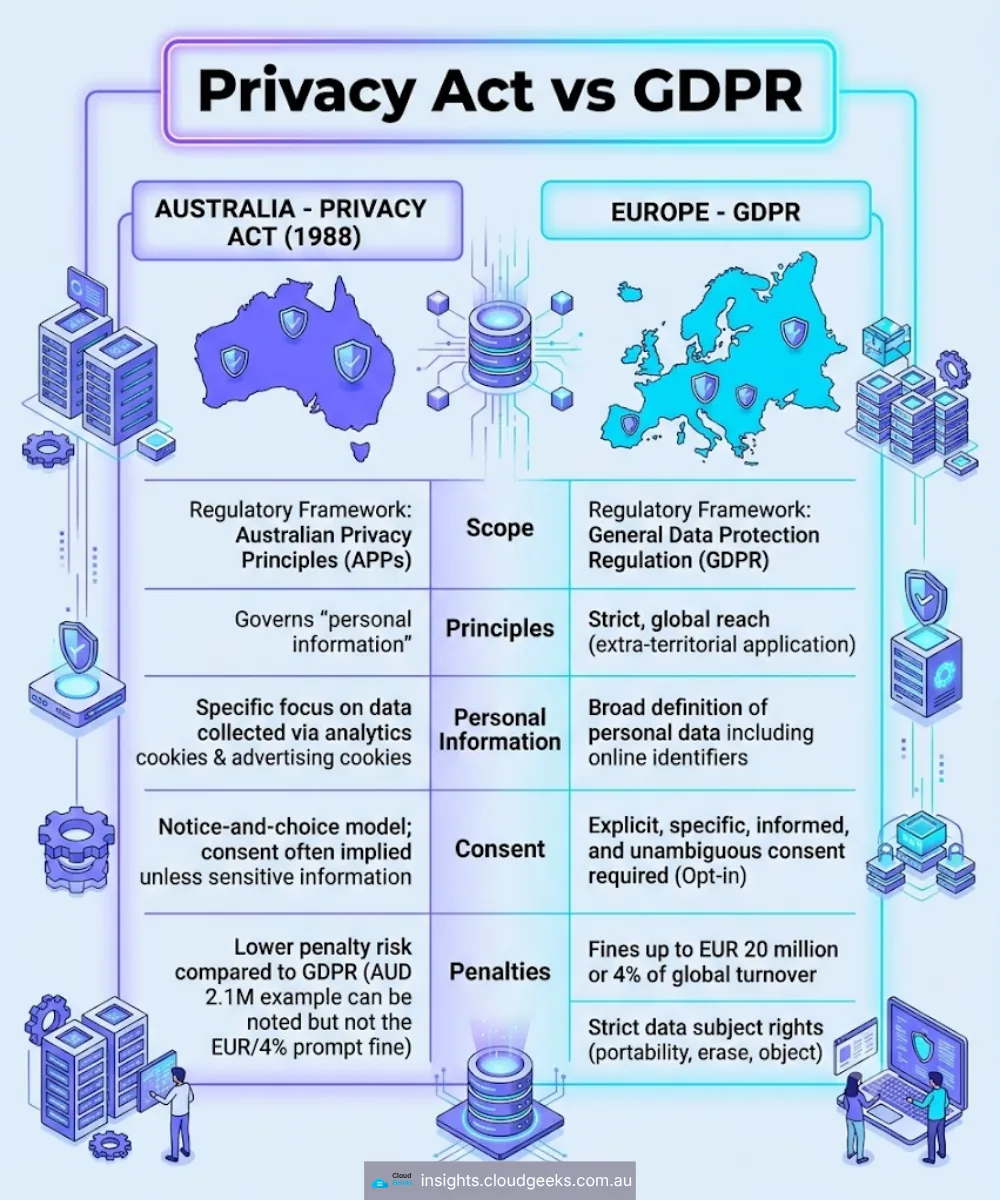 Privacy Act vs GDPR comparison — Australia's Privacy Act 1988 (Australian Privacy Principles, personal-information focus, notice-and-choice consent model, lower penalty risk) versus Europe's GDPR (extra-territorial reach, broad definition of personal data including online identifiers, explicit-specific-informed-unambiguous opt-in consent, fines up to EUR 20 million or 4 percent of global turnover)
