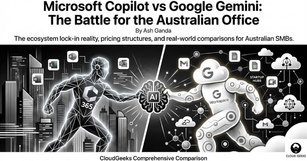 Visual comparison showing Microsoft 365 and Google Workspace ecosystems with respective AI integrations, market penetration statistics for Australian businesses, and platform lock-in considerations for Copilot versus Gemini decision-making