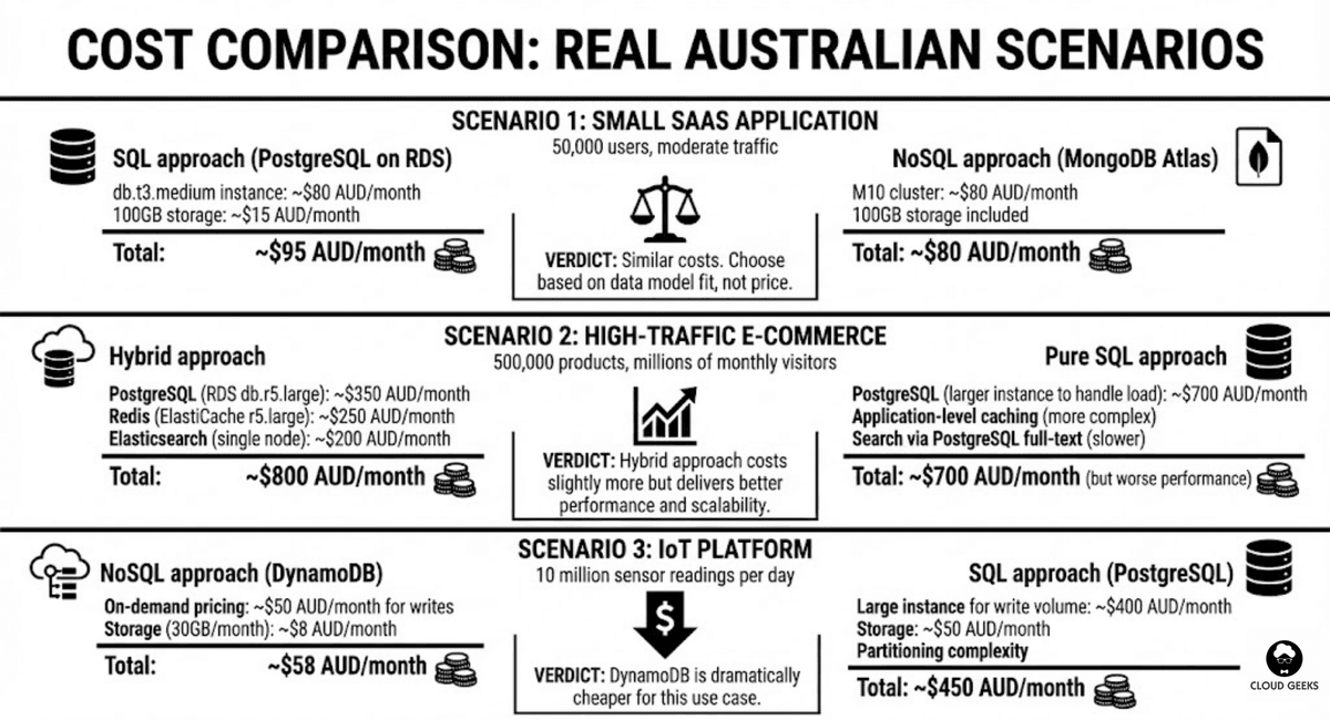 Bar chart comparing monthly costs for SQL, NoSQL, and hybrid database approaches across three Australian business scenarios