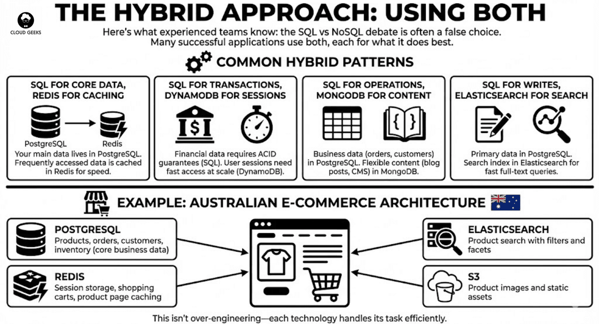 Architecture diagram showing hybrid approach with PostgreSQL for core data, Redis for caching, and specialized NoSQL databases for specific workloads