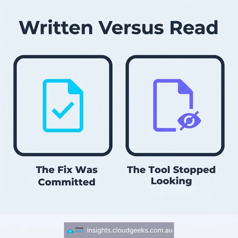 Written against read: the fix was committed, and the tool had stopped looking at that file