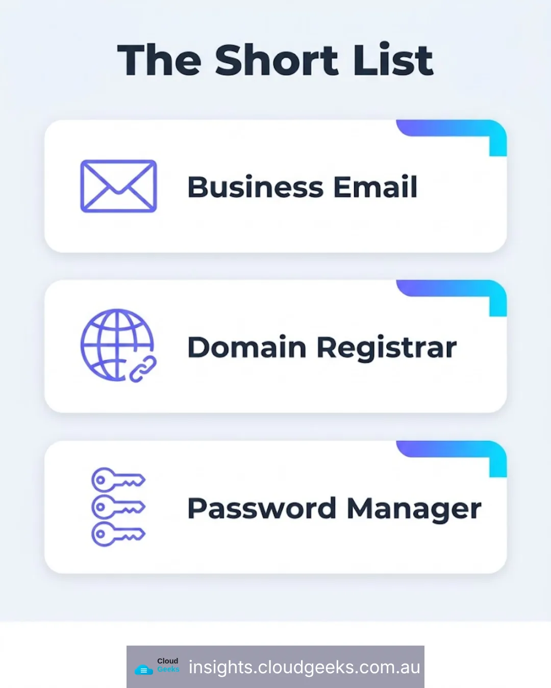 The short list: business email, domain registrar, password manager.