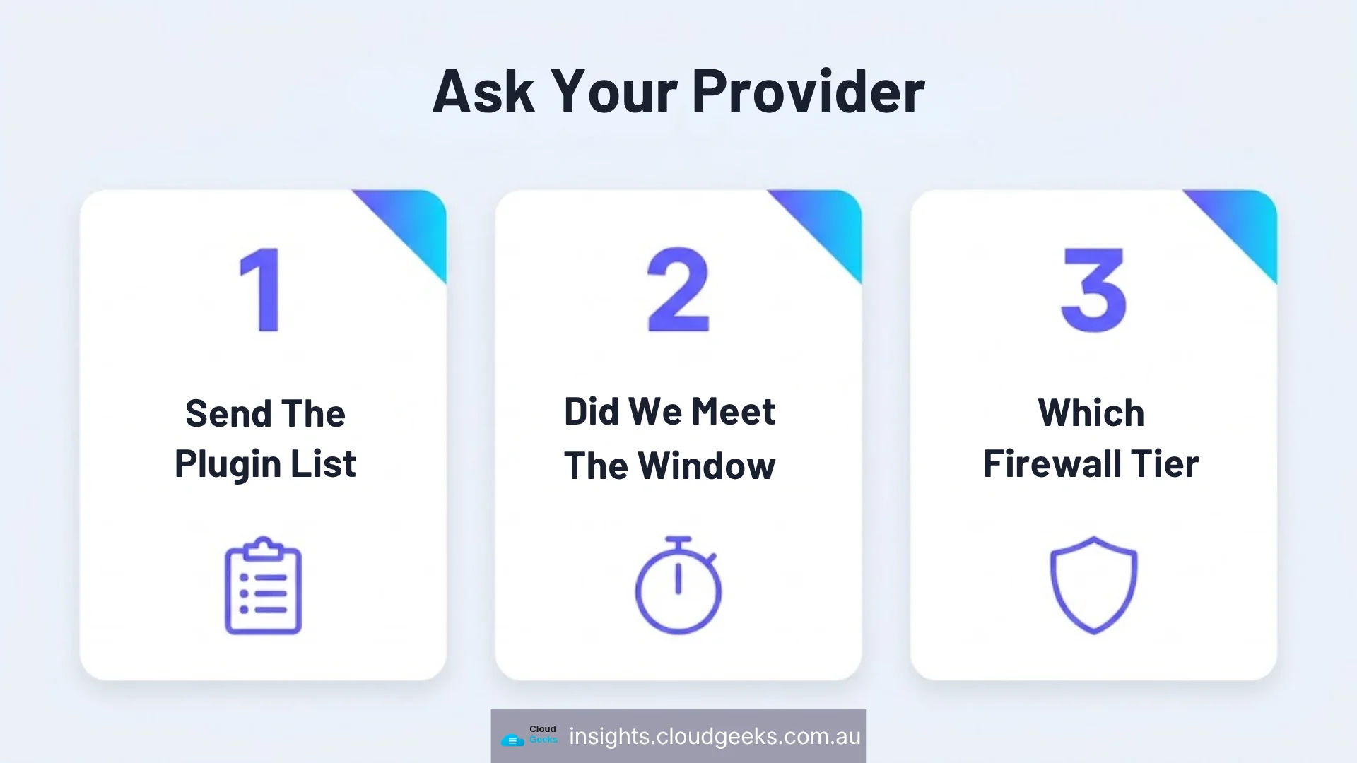 Ask your provider: send the plugin list, did we meet the window, which firewall tier
