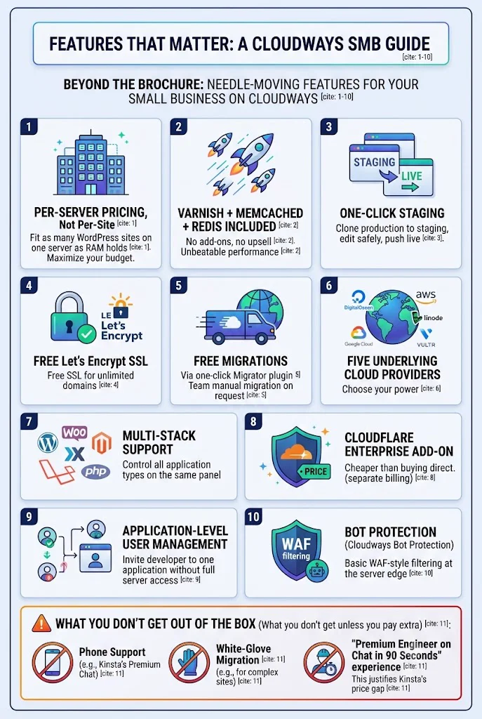 Ten Cloudways features that move the needle for Australian SMB hosting: per-server pricing not per-site, Varnish plus Memcached plus Redis included by default, one-click staging, free Let's Encrypt SSL, free migrations via Migrator plugin, five underlying cloud providers (DO/AWS/GCP/Linode/Vultr), multi-stack support, Cloudflare Enterprise add-on, application-level user management, and Bot Protection — plus what you don't get out of the box (no phone support, no white-glove migration, no premium-engineer-on-chat-in-90-seconds experience)