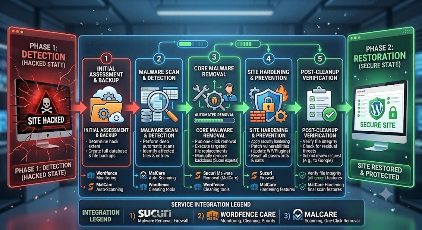 The 5-phase WordPress hacked-site cleanup workflow: detection, assessment & backup, malware scan, core removal, hardening & prevention, post-cleanup verification, and restoration — with Sucuri, Wordfence Care, and MalCare service integration points marked at each phase
