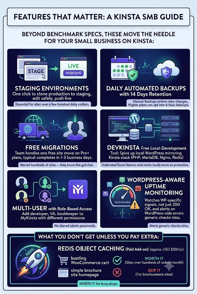 Kinsta features that matter for SMBs: staging environments, daily automated backups with 14-day retention, free migrations, DevKinsta local dev tool, multi-user role-based access, WordPress-aware uptime monitoring, plus the Redis object caching paid add-on
