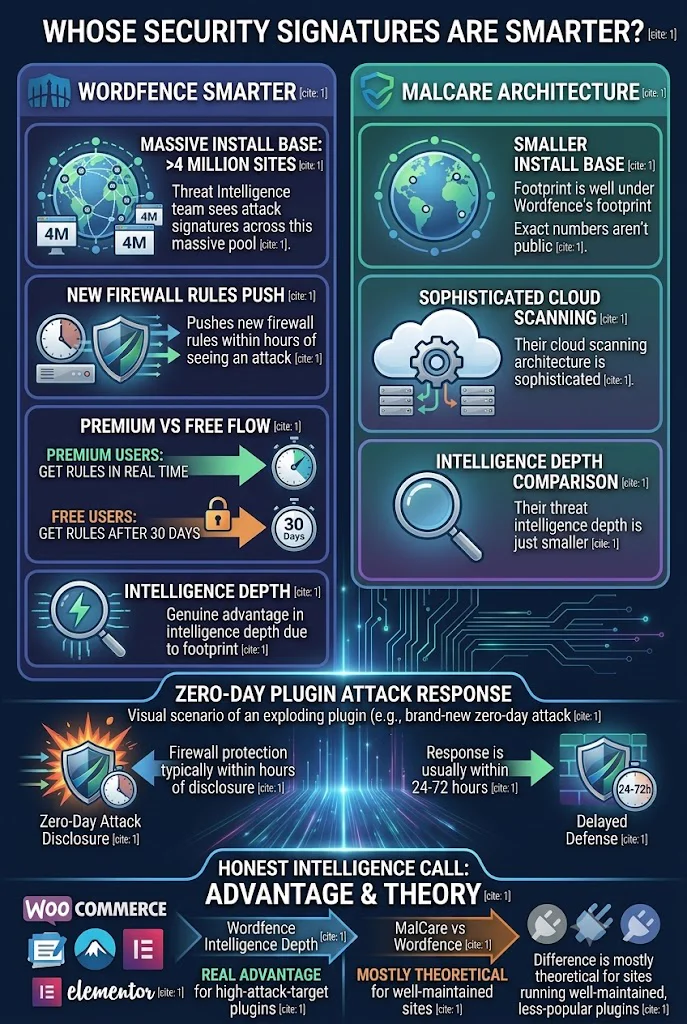Threat intelligence comparison: Wordfence smarter due to massive 4-million-plus install base (Threat Intelligence team sees attack signatures across the pool, pushes new firewall rules within hours of seeing an attack, Premium users get rules in real time while Free users get them after 30 days) vs MalCare architecture (smaller install base well under Wordfence's footprint with sophisticated cloud scanning architecture, intelligence depth genuinely smaller). Zero-day plugin attack response: Wordfence Premium typically protects within hours of CVE disclosure; MalCare response usually within 24-72 hours. Honest call: Wordfence's intelligence depth is a real advantage for sites running high-attack-target plugins like WooCommerce, Elementor; mostly theoretical for well-maintained, less-popular plugin stacks
