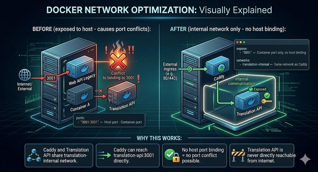 Docker network optimisation — before (ports exposed to host causing port conflict) vs after (expose only, internal network, no host binding possible)